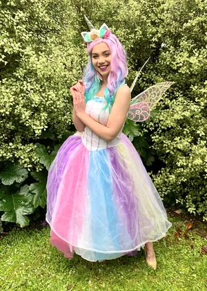 Unicorn fairy character entertainer in pastel costume for NZ kids parties
